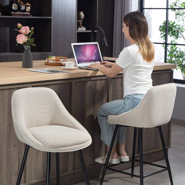 Barhocker 2er-Set mit Cordbezug und Stahlbeinen für Esszimmer creme