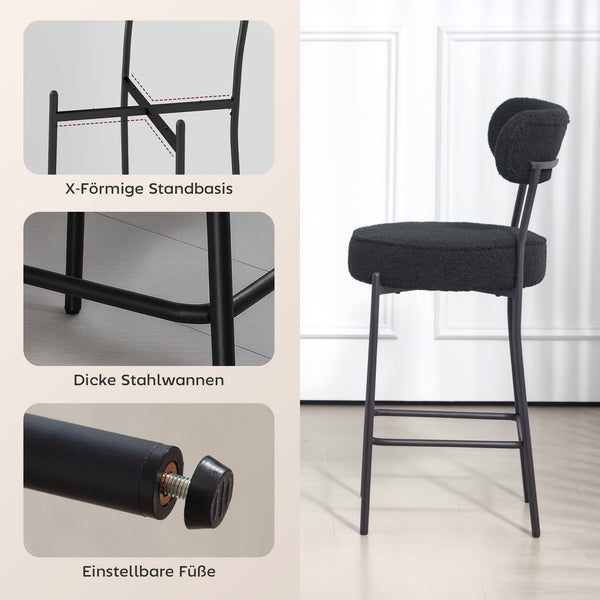 Barhocker 2er-Set mit Polstersitz und Fussstütze Metall schwarz