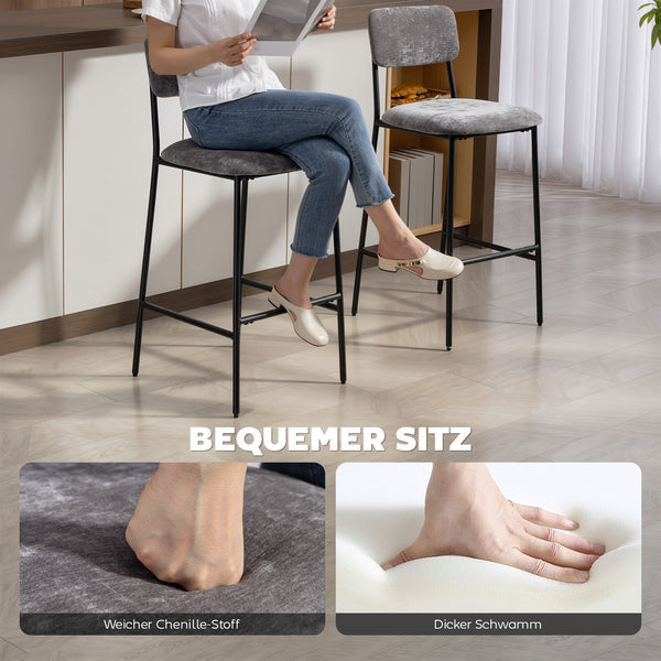Barhocker 2er-Set gepolstert mit Rückenlehne für Küche und Bar grau