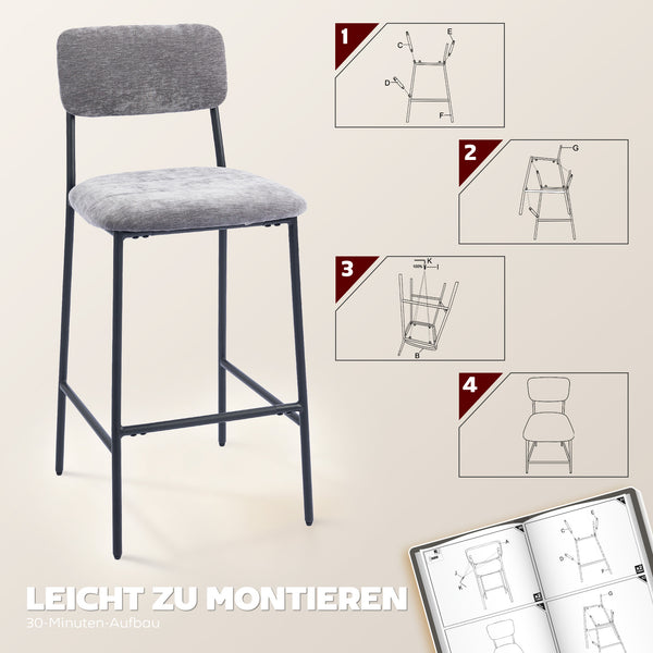 Barhocker 2er-Set gepolstert mit Rückenlehne für Küche und Bar grau