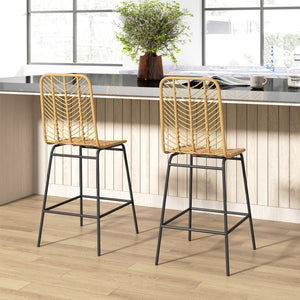 Boho-design bar stool with backrest and footrest, yellow and black