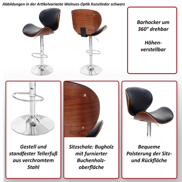 Barhocker Barstuhl Bugholz Retro-Design Holz Kunstleder grau