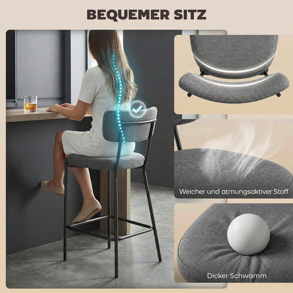 Barhocker 2er Set gepolstert mit Rückenlehne für Küche grau