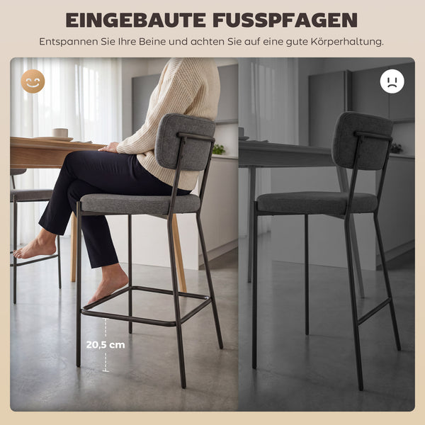 Barhocker 2er Set gepolstert mit Rückenlehne für Küche grau