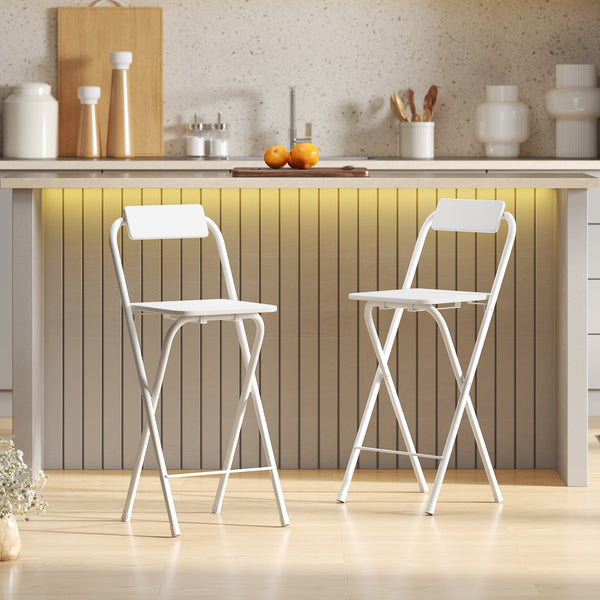 Barhocker klappbar 2er Set mit Lehne und Fussstütze für Küche weiss
