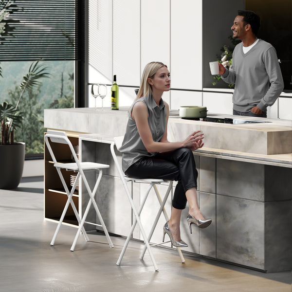 Barhocker klappbar 2er Set mit Lehne und Fussstütze für Küche weiss