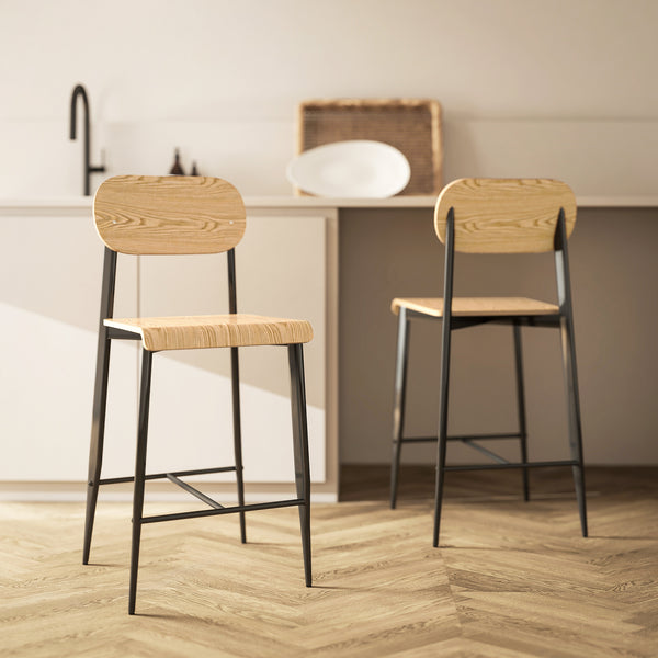 Barhocker Set mit Rückenlehne Metallgestell Holz 2 Stück hellbraun