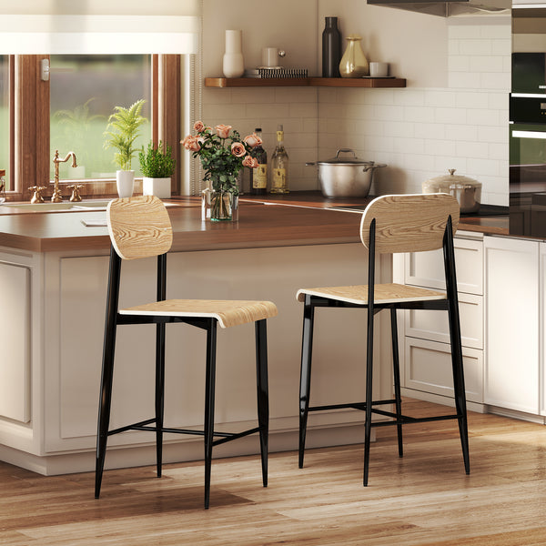 Barhocker Set mit Rückenlehne Metallgestell Holz 2 Stück hellbraun