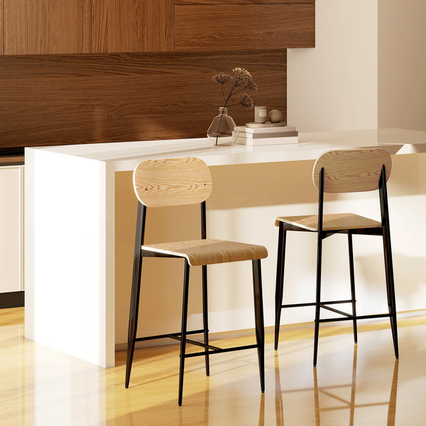 Barhocker Set mit Rückenlehne Metallgestell Holz 2 Stück hellbraun
