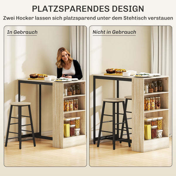 Bartisch Set mit 2 Hockern und Stauraum platzsparend hellbraun