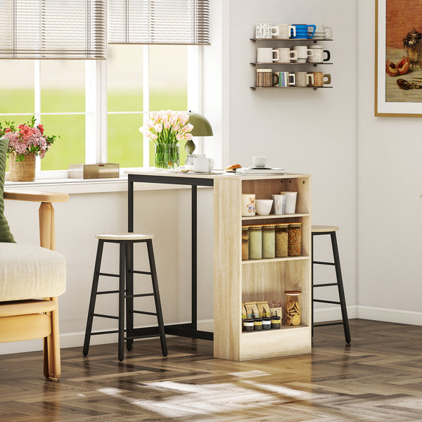 Bartisch Set mit 2 Hockern und Stauraum platzsparend hellbraun