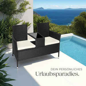 Rattan Gartensitzbank mit Tisch schwarz/beige