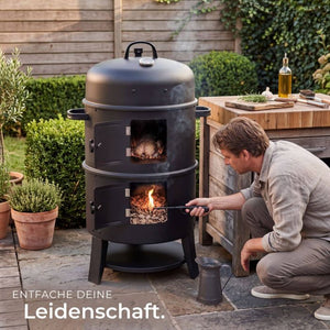 Räuchertonne 3in1 mit 2 Grillrosten und Thermometer schwarz