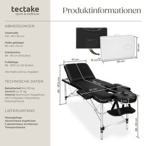 3 Zonen Massageliege mit 5cm Polsterung und Aluminiumgestell schwarz
