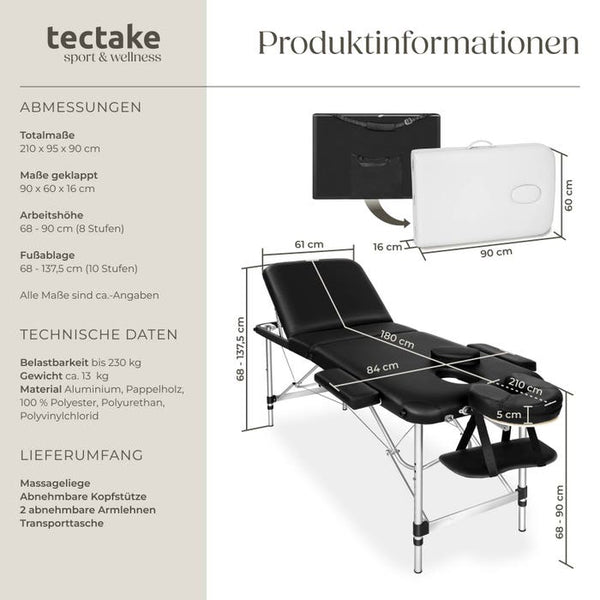3 Zonen Massageliege mit 5cm Polsterung und Aluminiumgestell schwarz