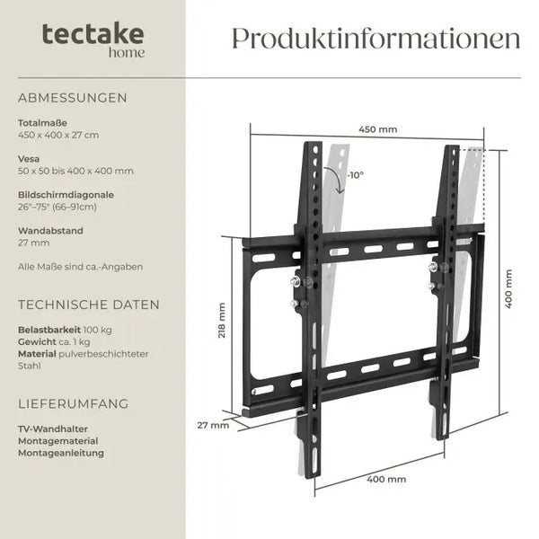 TV-Wandhalterung neigbar 26-75 Zoll bis 100 kg schwarz