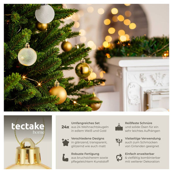 24er Set Weihnachtskugeln weiss/gold