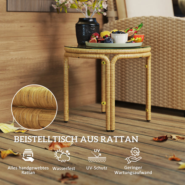 Beistelltisch rund mit Glasplatte für Balkon und Wohnzimmer Polyrattan