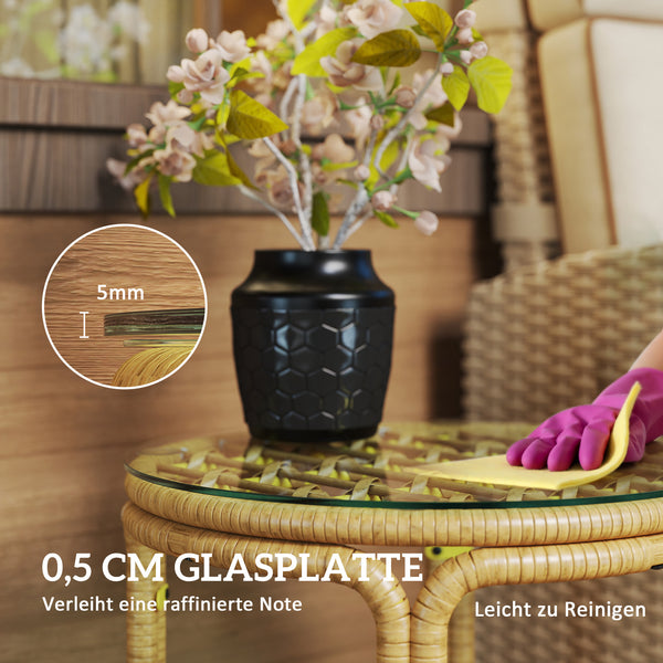 Beistelltisch rund mit Glasplatte für Balkon und Wohnzimmer Polyrattan