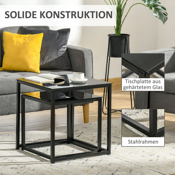Beistelltisch-Set 2er Couchtisch mit Glastischplatte Schwarz