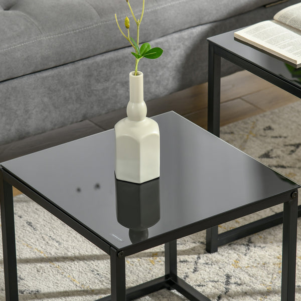 Beistelltisch-Set 2er Couchtisch mit Glastischplatte Schwarz