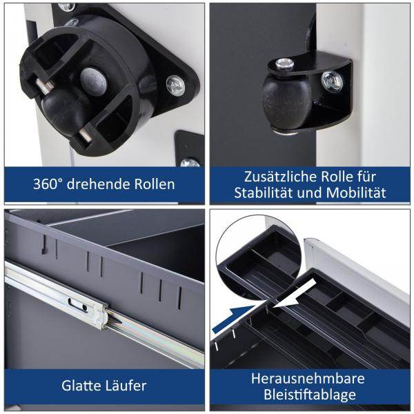 Rollcontainer mobiler Aktenschrank mit 3 Schubladen weiss