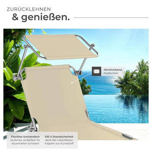 2 lettini da giardino, 4 livelli, con poggiatesta, beige