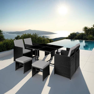 Rattan Sitzgruppe Bilbao 4+4+1 mit Schutzhülle - schwarz/grau