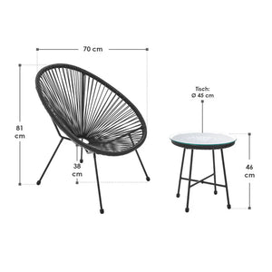Balkonmöbel Set Ostana 3-teilig Schwarz Sitzgruppe im Retro-Design mit Tisch & 2 Sesseln