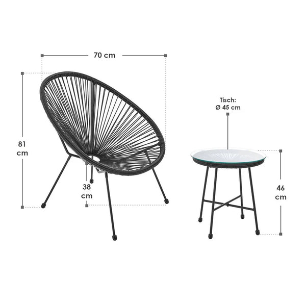 Balkonmöbel Set Ostana 3-teilig Schwarz Sitzgruppe im Retro-Design mit Tisch & 2 Sesseln
