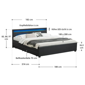 Polsterbett Lyon mit Bettkasten 180 x 200 cm LED-Beleuchtung und Lattenrost schwarz