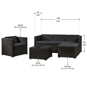 Polyrattan Lounge / Sitzgarnitur Punta Cana L schwarz mit Bezügen in Dunkelgrau