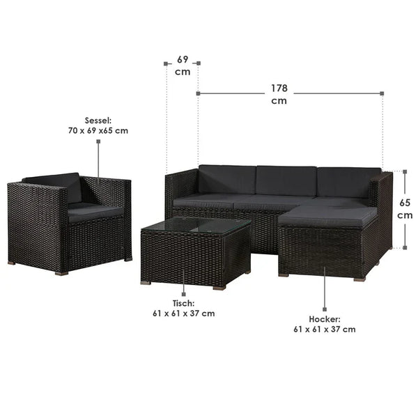 Polyrattan Lounge / Sitzgarnitur Punta Cana L schwarz mit Bezügen in Dunkelgrau