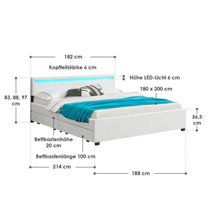 LED Polsterbett Lyon mit Bettkasten 180x200 cm mit Lattenrost weiss