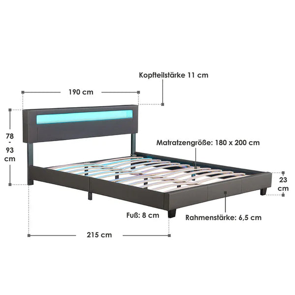 LED Polsterbett Paris 180x200 cm mit Lattenrost Dunkelgrau