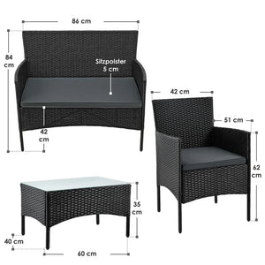 Polyrattan Sitzgruppe Fort Myers schwarz und dunkelgraue Bezüge