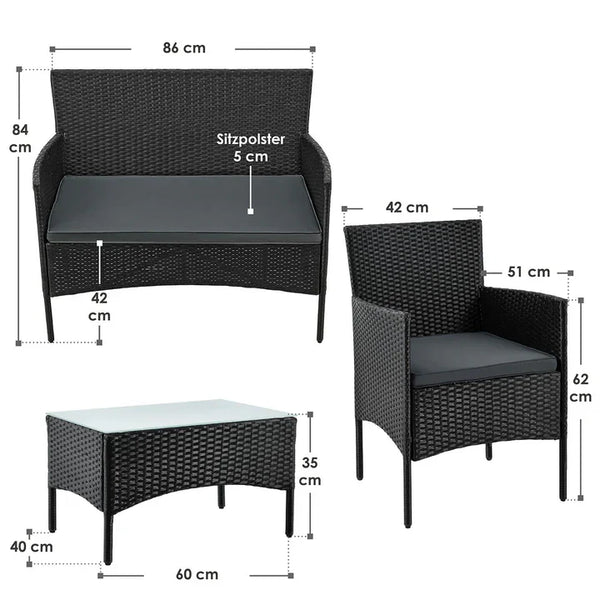 Polyrattan Sitzgruppe Fort Myers schwarz und dunkelgraue Bezüge