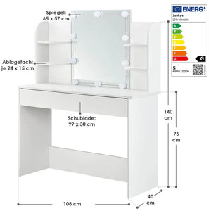 Schminktisch Bella mit LED Beleuchtung Frisiertisch mit Spiegel und viel Stauraum Weiss