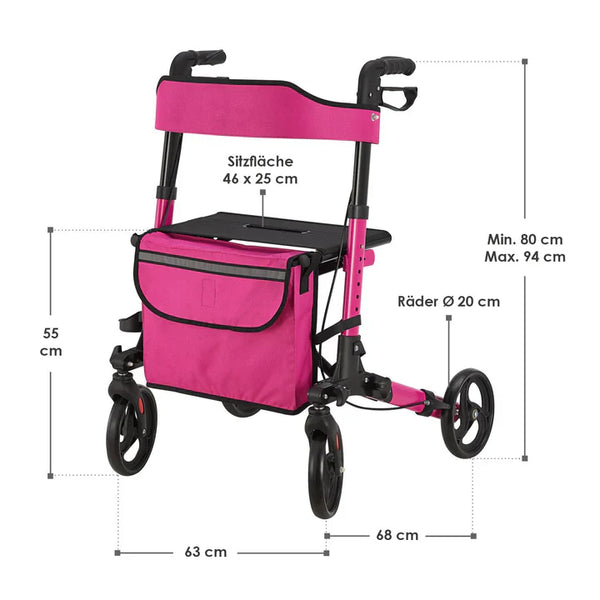 Aluminium Rollator Vital klappbar mit Sitzfläche & Einkaufstasche in lila