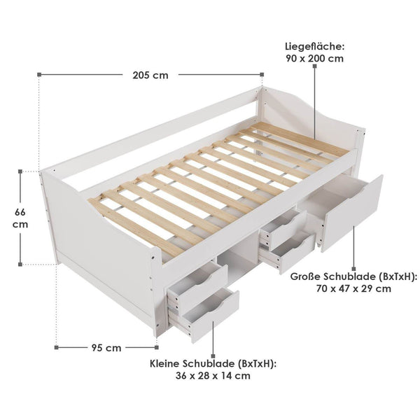 Funktionsbett Nalu 90x200 cm mit Lattenrost & Stauraum - Weiss