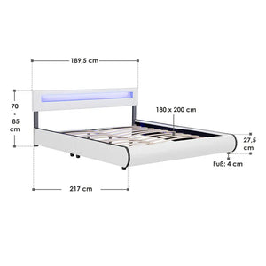 Polsterbett Sevilla 180 x 200 cm LED-Beleuchtung und Lattenrost weiss