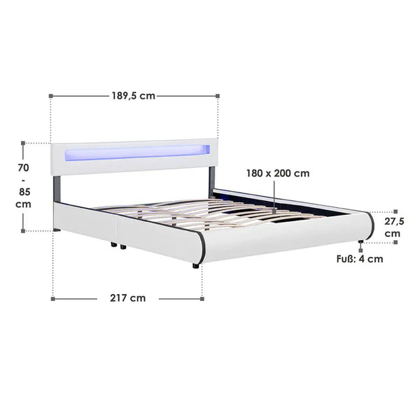 Polsterbett Sevilla 180 x 200 cm LED-Beleuchtung und Lattenrost weiss