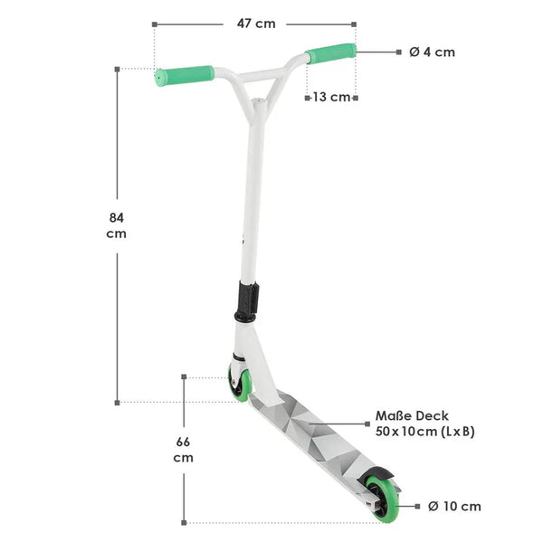 Stunt Scooter Futuristic in Weiss Grün Trick Roller mit 360° Lenkung