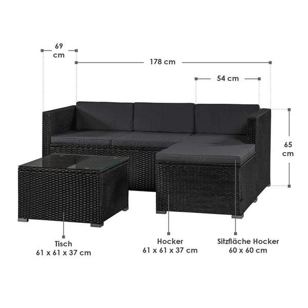Polyrattan Lounge Punta Cana Sitzgarnitur Schwarz Grau