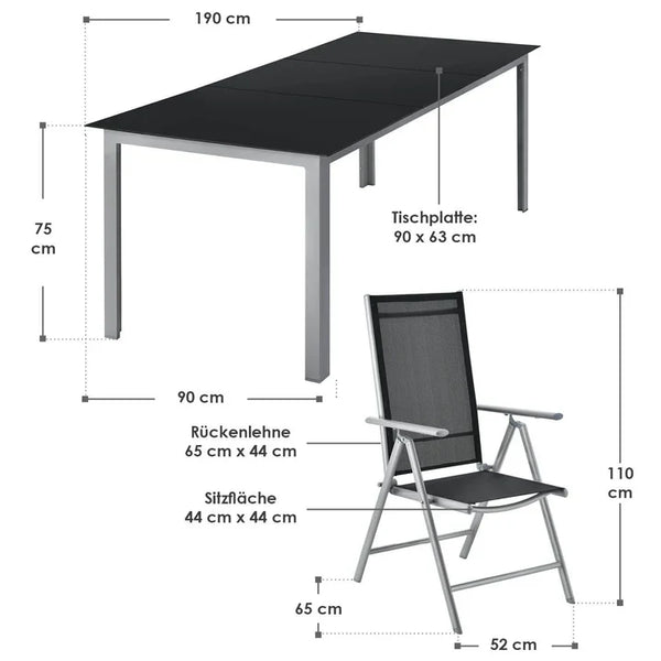 Aluminium Gartengarnitur Milano 9-teilig mit Tisch und 8 Stühlen silbergrau