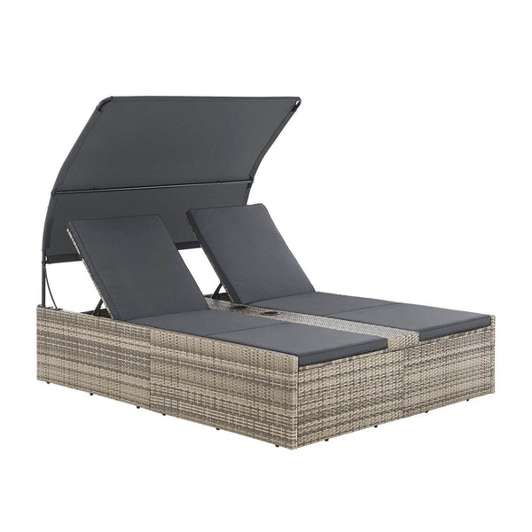 Polyrattan Doppelliege Syros mit Sonnendach & Auflagen - Grau-meliert