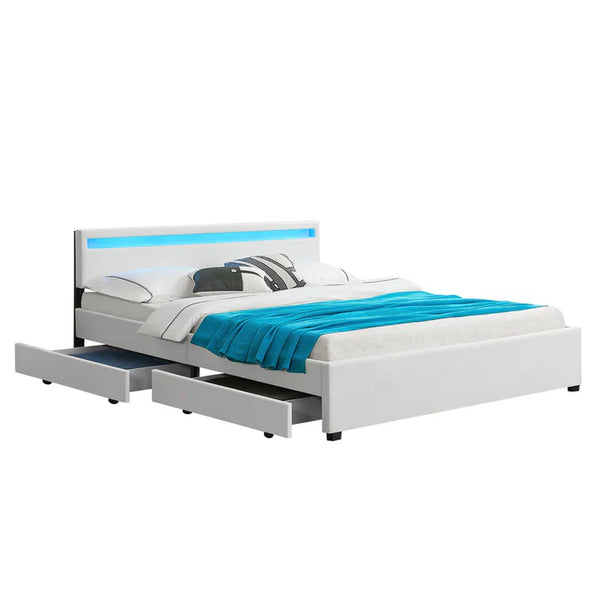LED Polsterbett Lyon mit Bettkasten 180x200 cm mit Lattenrost weiss
