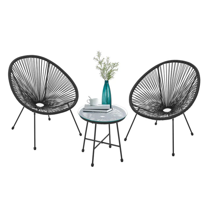 Balkonmöbel Set Ostana 3-teilig Schwarz Sitzgruppe im Retro-Design mit Tisch & 2 Sesseln