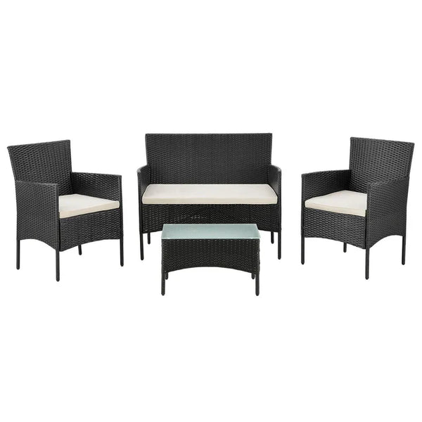 Polyrattan Sitzgruppe Fort Myers schwarz und cremeweiss Bezüge