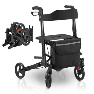 Aluminium Rollator Vital klappbar mit Sitzfläche & Einkaufstasche in schwarz